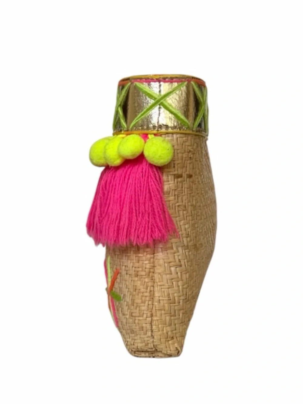 Lilly Pulitzer Baja Natural Woven Straw Fringe Pom Pom Clutch Bag